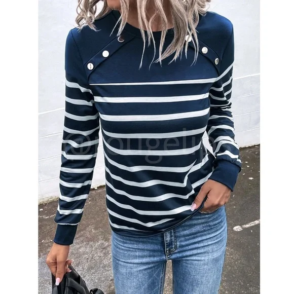 Striped Button Detail Round Neck Long Sleeve Navy Blue Tee Shirt - Picture 2 of 8
